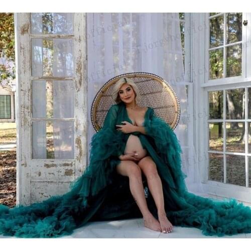 Sexy Teal Tulle Maternity Robes Big Tiered Sleeve Sweep Train Wedding Night Robe Pregnancy Dress Prom Party Dresses Real Image