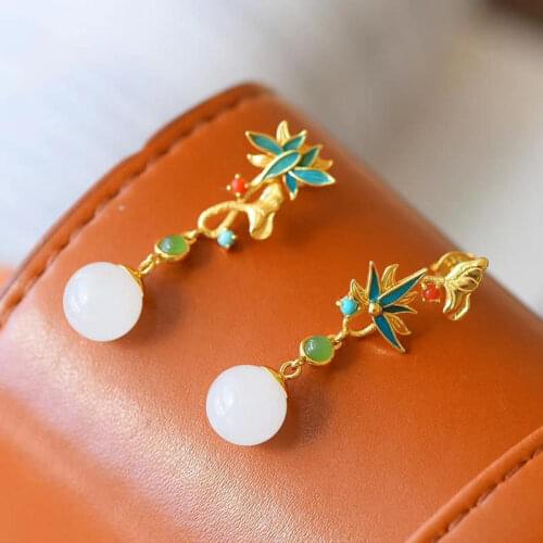 National Fashion Chinese Style Cloisonne Earrings Womens Sterling Silver Enamel Lotus Hetian Jade Earrings Retro Temperament Pa