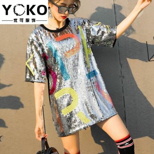 YOKO Woman sequins loose Oversized Long T-shirt Hiphop alphabet Short sleeved splicing Sequined Tops Streetwear Sequin dress