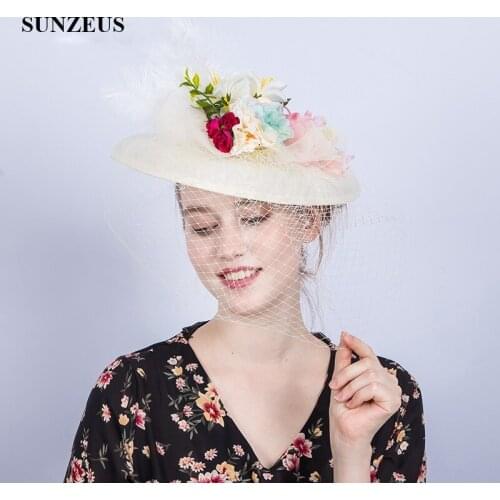 Handmade Flowers Bridal Hat with Face Veil Linen Hat Elegant Ladies Wedding Hat Ivory Feathers Fascinators Headwear SH91