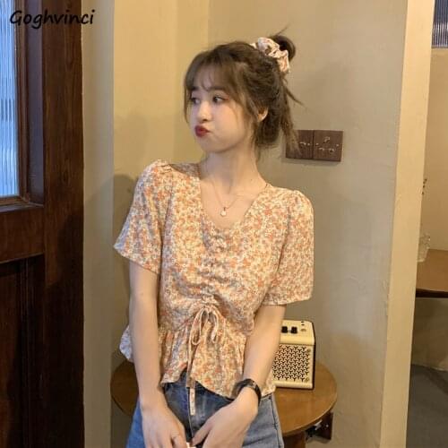 Shirts Women Pleated Chiffon Printed Short Sleeve Blouses V-neck Sweet Chic Ulzzang Fashion Elegant Girls All-match Simple Slim
