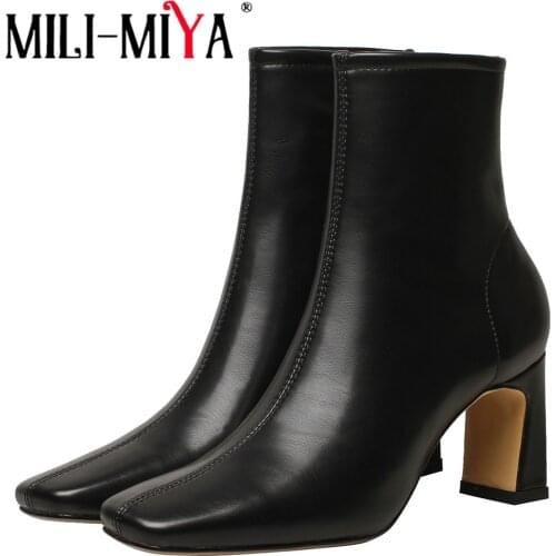 MILI-MIYA Fashion Women Solid Color Ankle Boots Block High Heels Square Toe Zipper Office Lady Handmade Wild Shoes Size 34-40