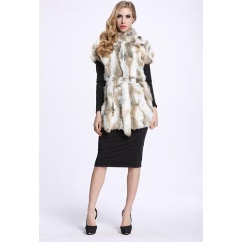 New genuine real natural rabbit fur vest women fashion mandarin collar gilet ladies jackt with belt custom any size