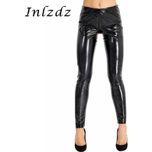 Womens Erotic Lingerie Shiny Pants Wet Look Patent Leather Open Crotch and Open Butt Pants Skinny Stretchy Legging Trousers