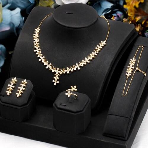 Square Flower Charms 4PCS Bracelet Ring Necklace Earring Set For Women Wedding Party Cubic Zircon CZ Dubai Bridal Jewelry