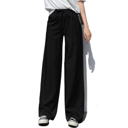 Summer Denim Casual Pants Womens Loose Wide Leg Pants Ladies High Waist Lace Up Highstreet Straight Long Trousers Black White