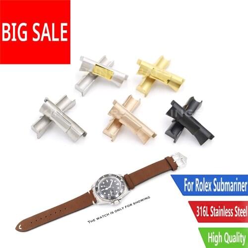 CARLYWET 20mm High Quality Silver Gold Black Rose Gold Solid Curved End Link For Rolex Submariner Watch Band Rubber Leather