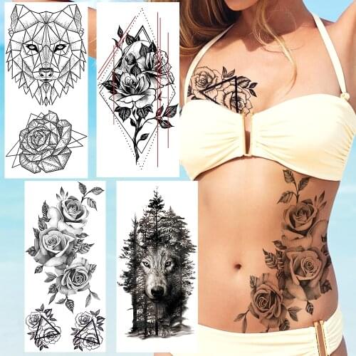 Black Geometric Rose Temporary Tatoos Waterproof Dot Pattern Wolf Forest Tatoo For Adult Body Art Painting Wasit Arm Tatoo Decor