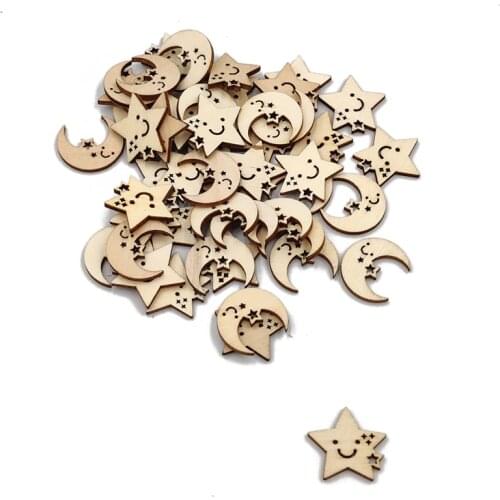 50pcs Wooden Ornament Star & Moon Pattern Cartoon Creative Style Cute Artware Children Handmade DIY Crafts Home Decoration