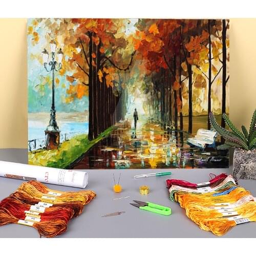 Fall Alley Printed Canvas 11CT Cross-Stitch DIY Embroidery Patterns DMC Threads Handiwork Handicraft Painting Hobby Different