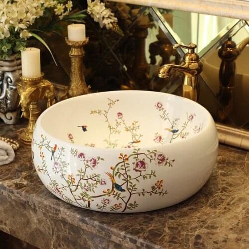 Ceramic art basin bathroom sink white flower and bird