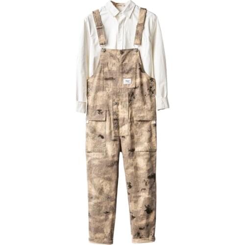 Mens Desert Camouflage Print Pockets Cargo Bib Overalls Loose Straight Jumpsuits Casual Pants