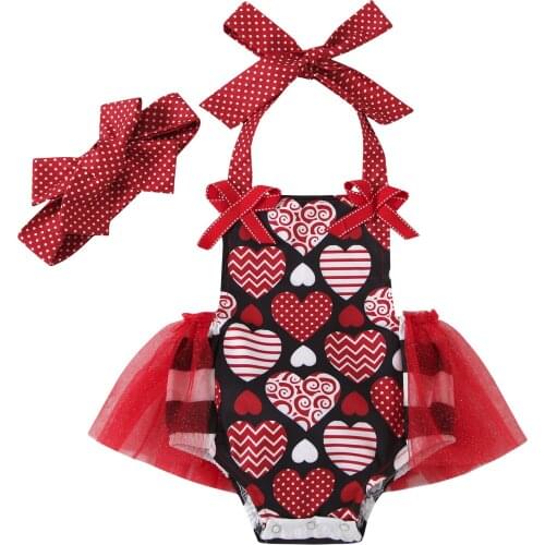 Citgeett Summer Newborn Baby Girls Valentine’s Day Outfits Love Heart Print Ruffle Tulle Halter Bodysuit Headband Set