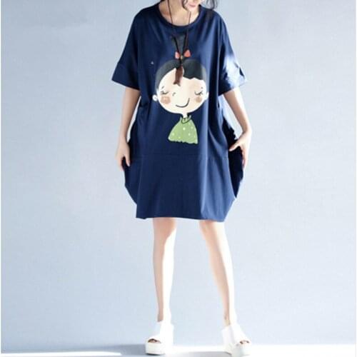 Summer Female Cartoon printing cotton black blue Dresses Korean Girls Printting short sleeve Womens plus Size loose Dress