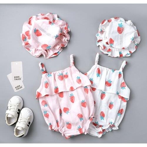 Summer new style baby girl strawberry sling romper baby with hat cotton one-piece
