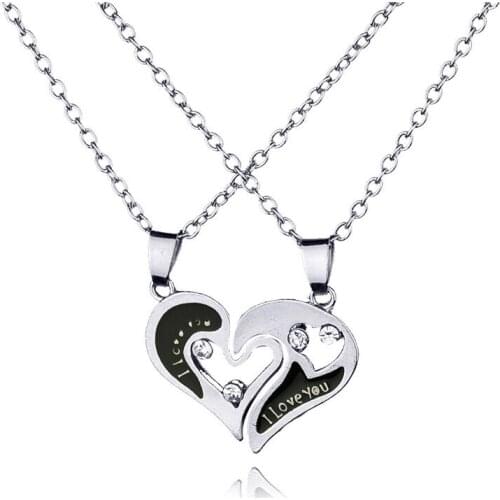 Cute Black White Hollow Rhinestone Heart I LOVE YOU Puzzle Pendant 2 Necklace Couple Lover Jewelry Gifts For Valentines Day