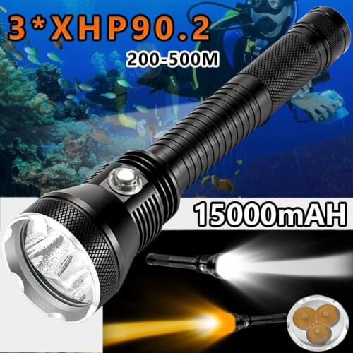 XHP90.2 Professional Led Scuba Diving Flashlight XHP70 Yellow/White Light Underwater Tactical Dive Torch 15000mAh 26650 Battery