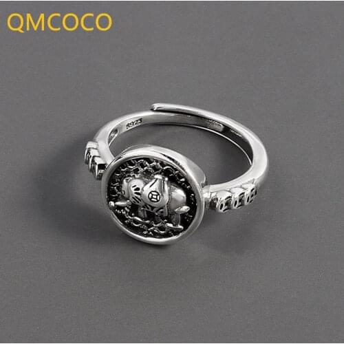 QMCOCO Punk Hip-Hop Animal Elephant Round Ring INS Style 925 Thai Silver Vintage Design Neutral Man Woman Ring For Party Gifts