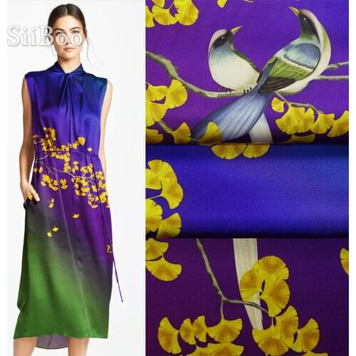 Magpie and apricot leaf positional printed heavy weighted 19mm spandex silk fabric for women summer dress skirt tecidos SP6123