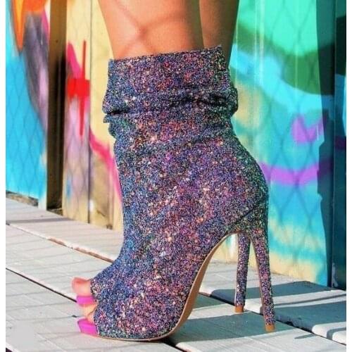 Luxury Bling Bling Peep Toe Rhinestone Thin Heel Short Boots Slip-on Silver Gold Black Crystal High Heel Ankle Boots Plus Size