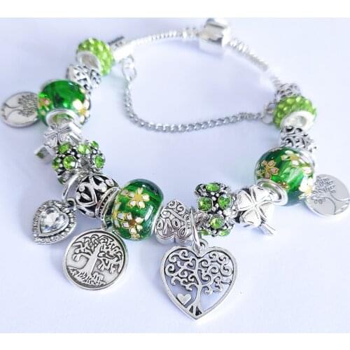 VIOVIA Dropshipping Green Tree of Life Charm Bracelet Silver Color Heart Bead Bracelets & Bangles Fashion Jewelry Gift B17098