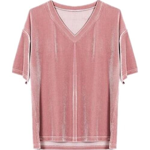 2020 Autumn Fashion Female Shirt Slim Tops Gold Velvet Shirt V-Neck Short Sleeves Solid Color Women Shirts Plus Size M-7XL