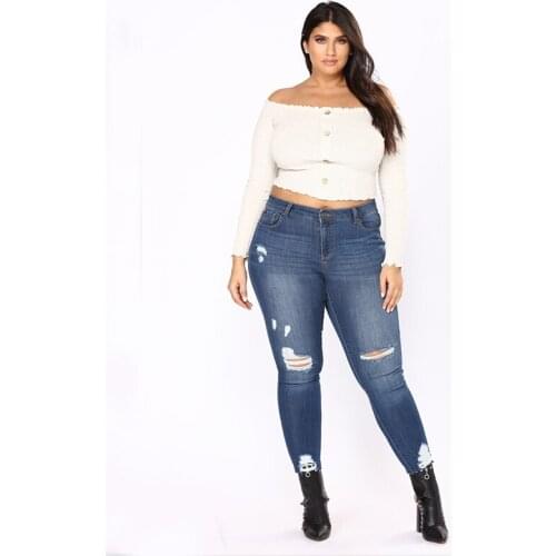 Pencil Blue Denim Pants Woman Ripped Hole Washed Fashion Jeans Female Big Hip Plus Size 7X Trousers