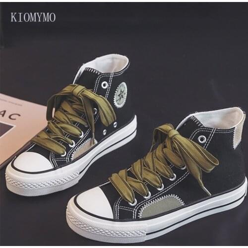 2021 New High-Top Tide Canvas Shoes Womens Shoes Black Cloth Shoes Spring And Autumn Stitching Two-Color White Shoes Women