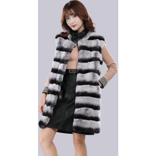 Real Rex Rabbit Fur Ladies Vest Jacket Real Fur Long Vest Rex Rabbit Fur Europe Stand Autumn and Winter Warm Fashion Thick Warm