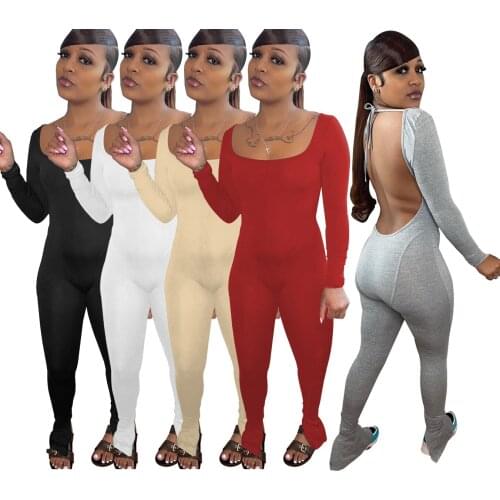 Sexy Backless Sports Wear Fitness Jumpsuit Women Casual Solid O Neck Long Sleeve High Stretch Fabric Sweat pants Romper Overalls