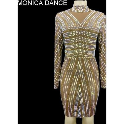 Women Sexy Stage AB Gold Rhinestone Transparent Short Dress Evening Birthday Celebrate Party Costume Dancer Show Dress