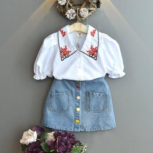 2020 Summer New Girl Kids Clothes Suit Embroidered Doll Collar Bubble Short Sleeve Shirt + Denim Skirt Children Clothing Set