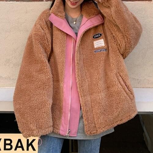 2021 Women Thick Warm Faux Fur Coats Female Winter Stand Collar Outerwears Oversize Sheep Shearing Reversible Jackets