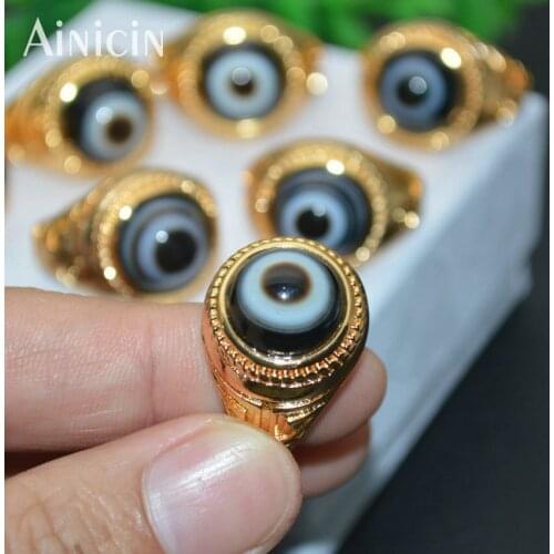 New Fashion Black Evil Eyes Agate 12mm Cabochon Gold Color Palting Adjustable Fashion Mens Ring #8~#12 Tibetan Jewelry 3pcs