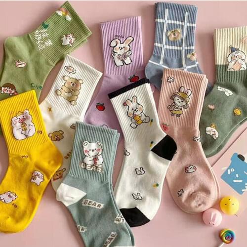 5 pairs Cute Student Socks Female Korean Style Women Harajuku Style Ins Kawaii Japanese Cartoon Stockings Female Harajuku Socks