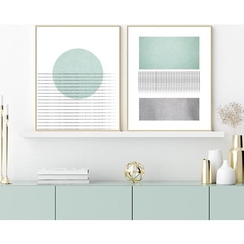 Sage Green Grey Abstract Geometric Canvas Painting Wall Pictures Mid Century Modern Minimalist Art Prints Living Room Decor
