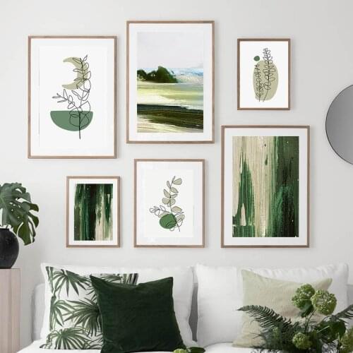 Abstract Green Lines Plants Leaves Landscape Wall Art Quotes Canvas Painting Nordic Posters and Prints Pictures Home Decoration