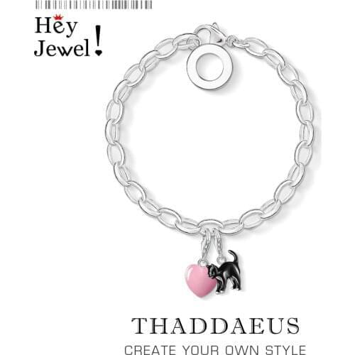 Black Cat & Pink Heart Charm Bracelet,Europe Jewelry 925 Sterling Silver Gift For Women,2020 Spring New Cute Link Chain Jewelry
