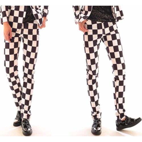 Fashion New Man Black White Plaid Pants Nightclub bar Singer DJ Show trousers Stage Performance equipment