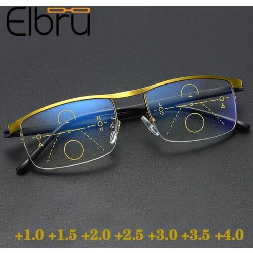 Elbru Multi-focus Reading Glasses Luxury Women Men Anti-blue Light Reading Glasses Metal Half Frame Mirror Presbyopia Eyewear