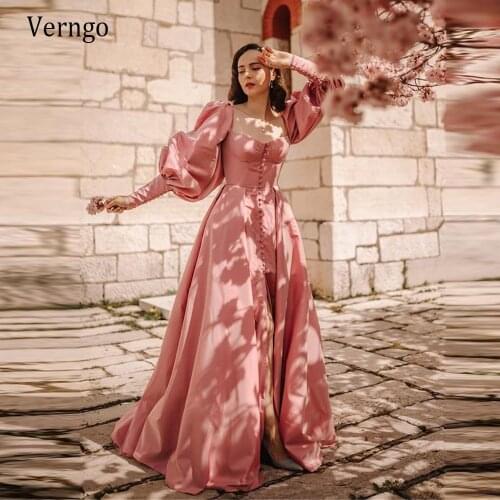 Verngo 2021 Elegant A Line Pink Taffeta Evening Dresses Puff Long Sleeves Sweetheart Buttons Slit Prom Special Occasion Gown