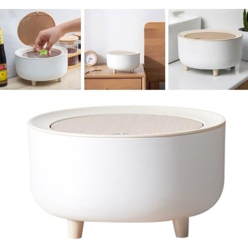 Nordic Style Creative Mini Trash Can with Elasticity Press Lid Cover High Foot Round Waste Basket Dispenser Countertop Dust