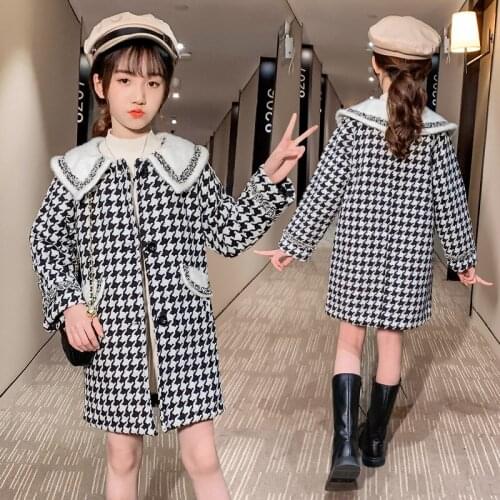 2020 New Fashion Plaid Woolen Winter Coat Long Thicken Jacket For Girls Cotton Childrens Jacket Girls Clothes For 4-12 Years Old