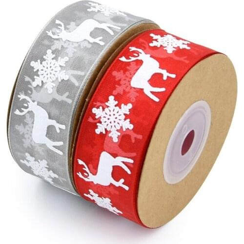 Hot sale 2.5cm printing Christmas decoration snow yarn red/gray ribbon diy birthday gift packaging holiday snowflake deer ribbon