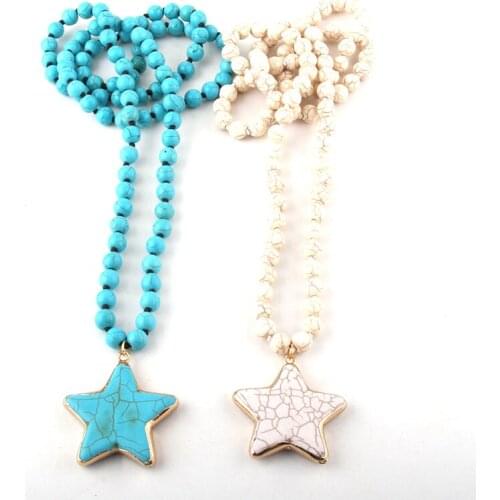 MOODPC Fashion Bohemian Tribal Jewelry Turq/White Stone Long Knotted Pentagram Pendant Necklaces