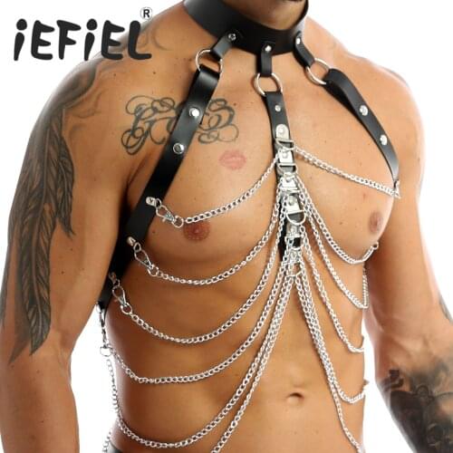 Mens Fashion Clubwear Nightclub Party Body Shoulder Chest Belt Buckle PU Leather Harness Gay Male Punk Gothic Metal Chain Tanks