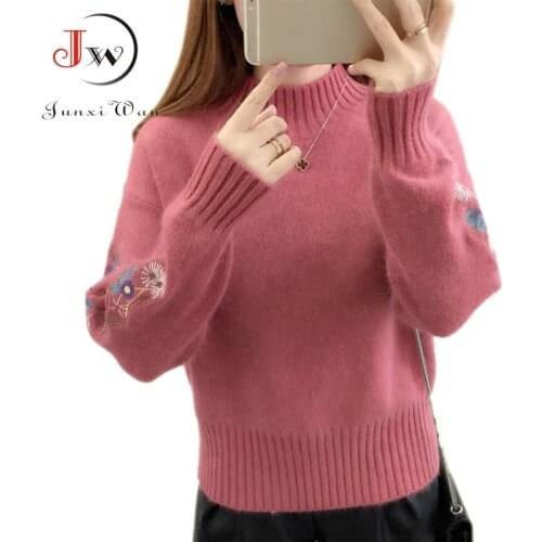 Autumn Winter Women Sweaters and Pullovers Long Sleeve Casual Embroidery Turtleneck Slim Knitted Jumpers Pull Femme Knitwear
