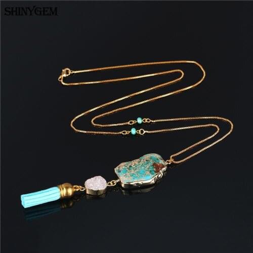 ShinyGem Irregular Light Blue Natural Sea Sediment Stone Crystal Druzy Gold Plating Tassel Necklaces For Women Sweater Necklaces