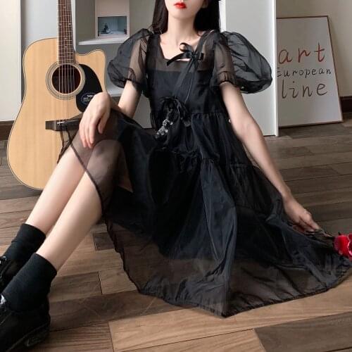 Puff Sleeve Gothic Black Dress Women Casual 2021 Summer Evening Party Lolita Dresses Female Kawaii One Piece Dress Korean Y2k