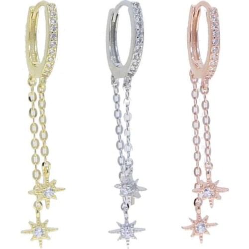 Christmas Gift For Women 925 Sterling Silver White Clear Cubic Zirconia CZ North Star Starburst Tassel link Chain Hoop Earring